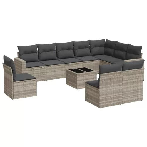  11 részes világosszürke polyrattan kerti ülőgarnitúra párnákkal