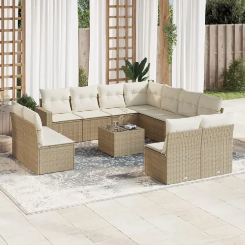  12 részes bézs polyrattan kerti ülőgarnitúra párnákkal