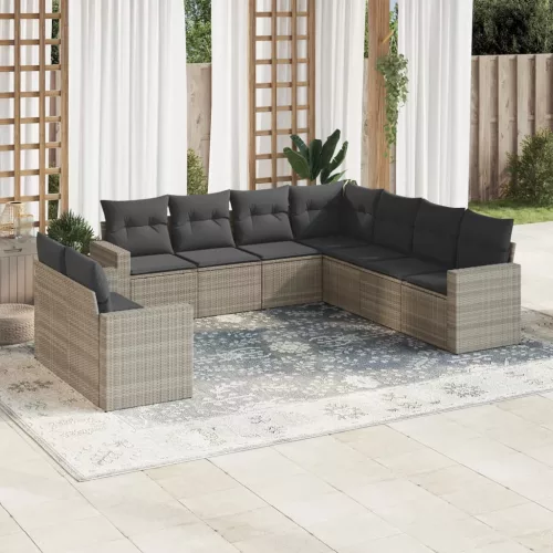  9 részes világosszürke polyrattan kerti ülőgarnitúra párnával