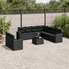    10 részes fekete polyrattan kerti ülőgarnitúra párnákkal