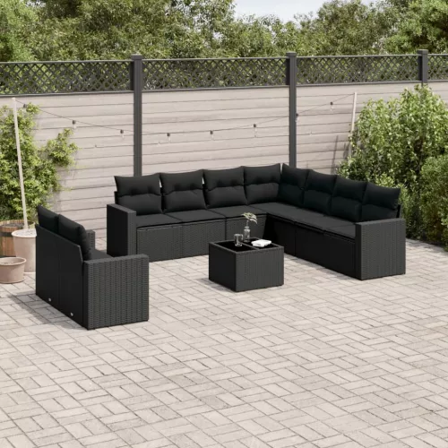  10 részes fekete polyrattan kerti ülőgarnitúra párnákkal