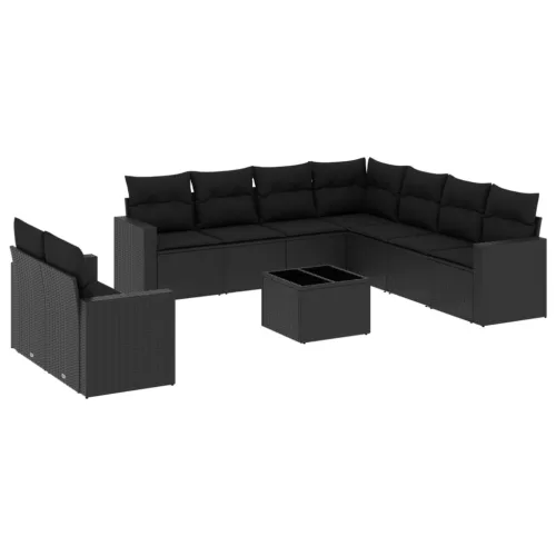  10 részes fekete polyrattan kerti ülőgarnitúra párnákkal