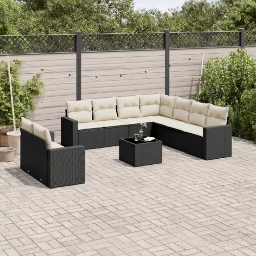  10 részes fekete polyrattan kerti ülőgarnitúra párnákkal