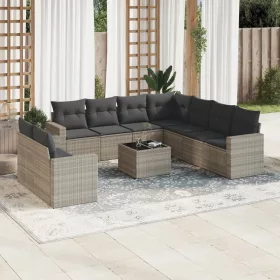    10 részes világosszürke polyrattan kerti ülőgarnitúra párnákkal