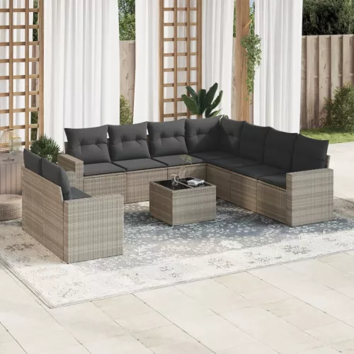  10 részes világosszürke polyrattan kerti ülőgarnitúra párnákkal