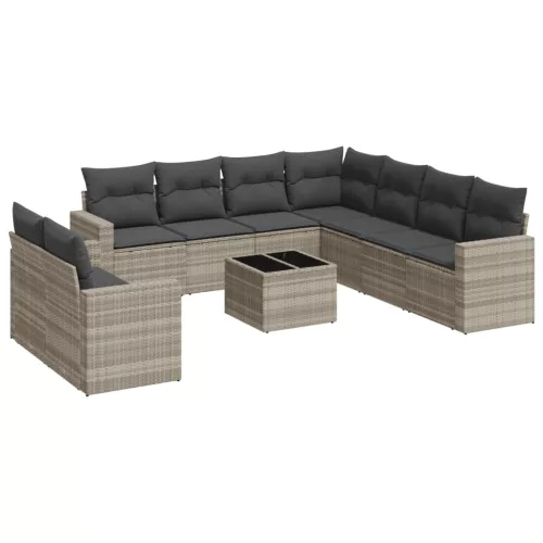  10 részes világosszürke polyrattan kerti ülőgarnitúra párnákkal