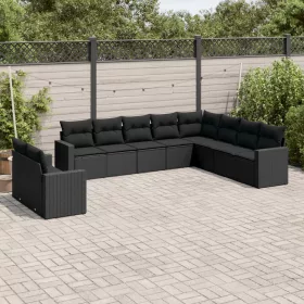    10 részes fekete polyrattan kerti ülőgarnitúra párnákkal