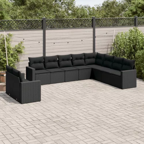  10 részes fekete polyrattan kerti ülőgarnitúra párnákkal