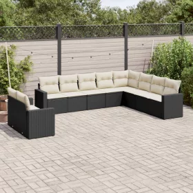    10 részes fekete polyrattan kerti ülőgarnitúra párnákkal