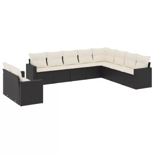  10 részes fekete polyrattan kerti ülőgarnitúra párnákkal