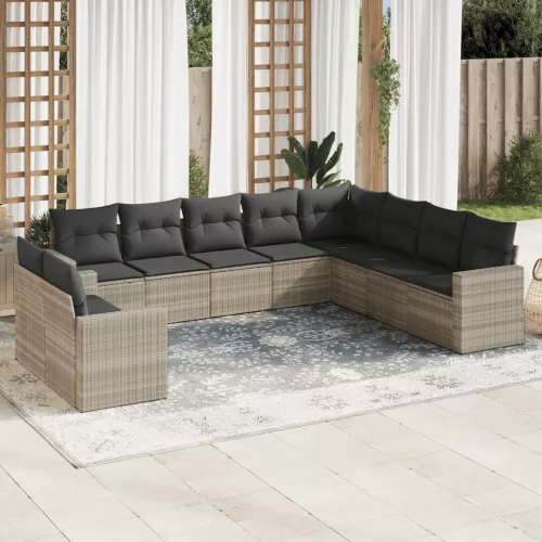  10 részes világosszürke polyrattan kerti ülőgarnitúra párnákkal