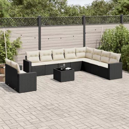  11 részes fekete polyrattan kerti ülőgarnitúra párnákkal
