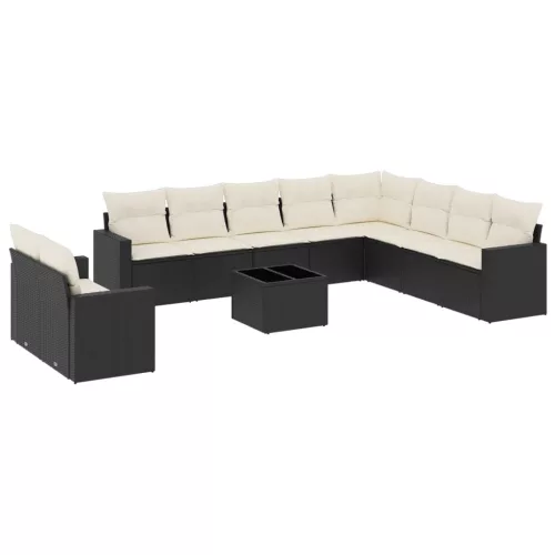  11 részes fekete polyrattan kerti ülőgarnitúra párnákkal