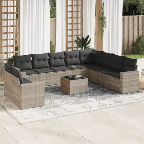  11 részes világosszürke polyrattan kerti ülőgarnitúra párnákkal