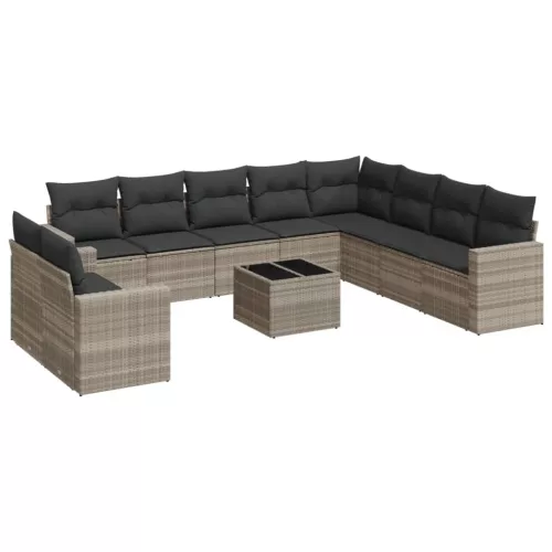  11 részes világosszürke polyrattan kerti ülőgarnitúra párnákkal