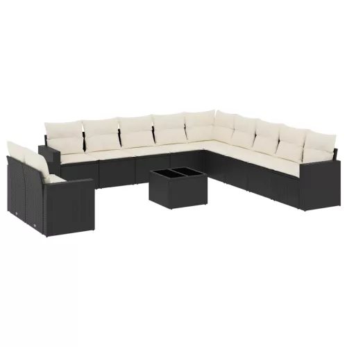  12 részes fekete polyrattan kerti ülőgarnitúra párnákkal