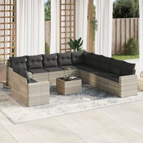 12 részes világosszürke polyrattan kerti ülőgarnitúra párnával