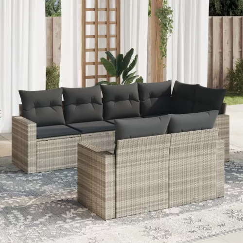  7 részes világosszürke polyrattan kerti ülőgarnitúra párnákkal