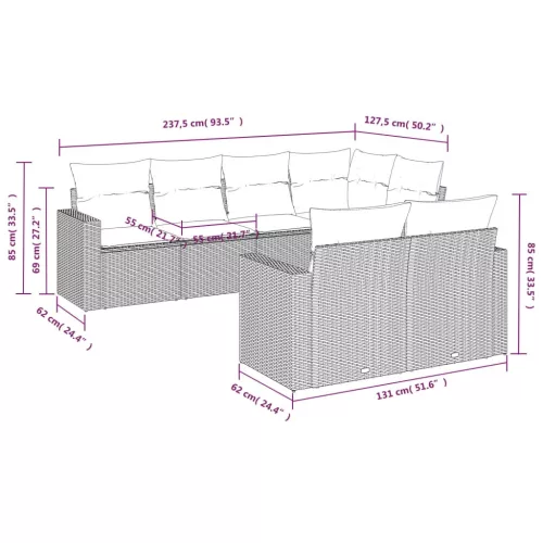  7 részes világosszürke polyrattan kerti ülőgarnitúra párnákkal