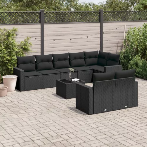  9 részes fekete polyrattan kerti ülőgarnitúra párnákkal