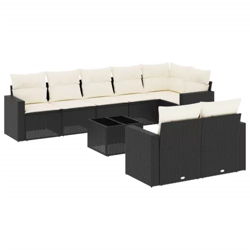  9 részes fekete polyrattan kerti ülőgarnitúra párnákkal