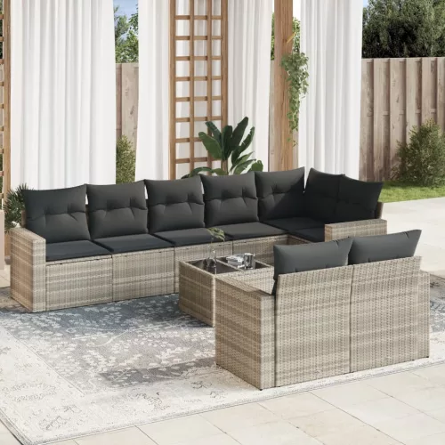  9 részes világosszürke polyrattan kerti ülőgarnitúra párnával