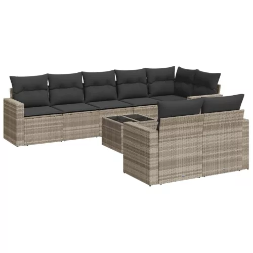  9 részes világosszürke polyrattan kerti ülőgarnitúra párnával