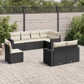    8 részes fekete polyrattan kerti ülőgarnitúra párnákkal
