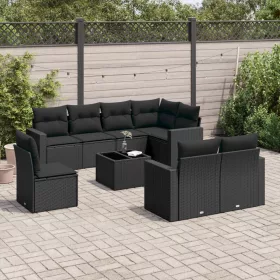    9 részes fekete polyrattan kerti ülőgarnitúra párnákkal