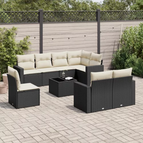  9 részes fekete polyrattan kerti ülőgarnitúra párnákkal