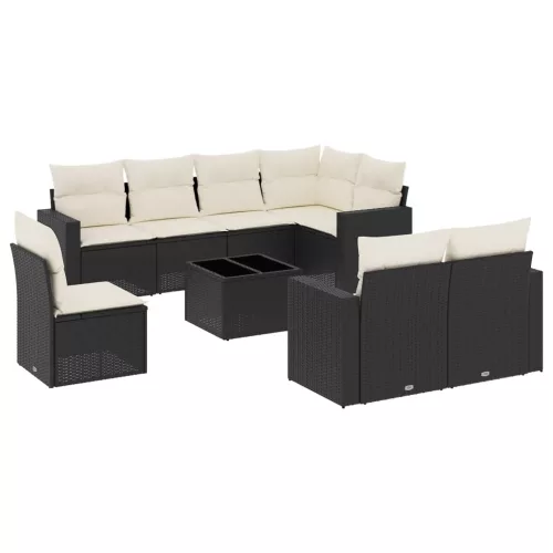  9 részes fekete polyrattan kerti ülőgarnitúra párnákkal