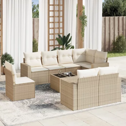  9 részes bézs polyrattan kerti ülőgarnitúra párnákkal