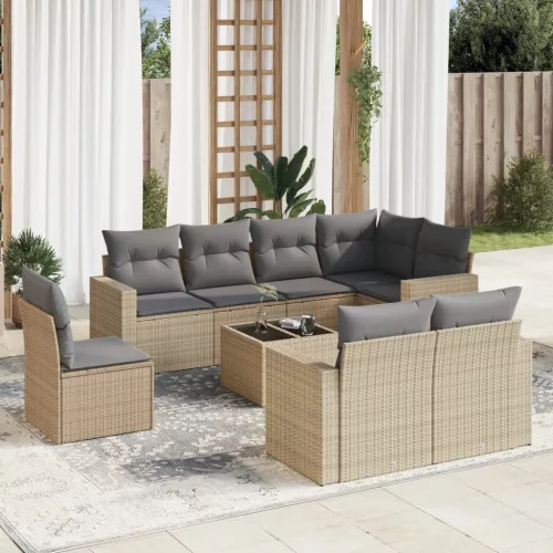  9 részes bézs polyrattan kerti ülőgarnitúra párnákkal