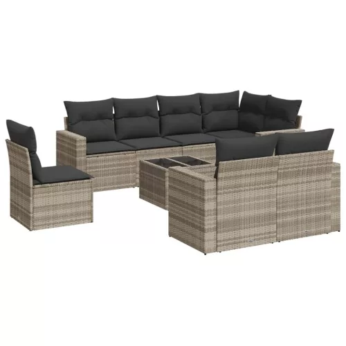  9 részes világosszürke polyrattan kerti ülőgarnitúra párnával