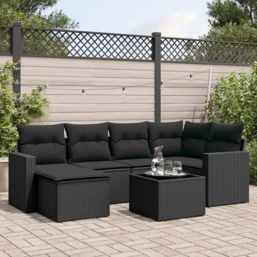  7 részes fekete polyrattan kerti ülőgarnitúra párnával