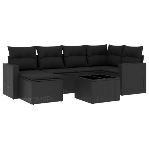  7 részes fekete polyrattan kerti ülőgarnitúra párnával