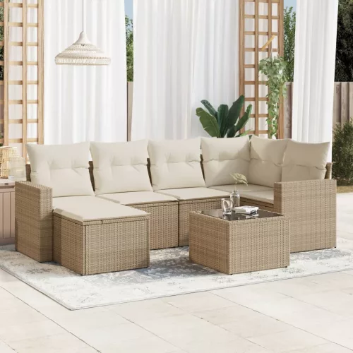  7 részes bézs polyrattan kerti ülőgarnitúra párnákkal