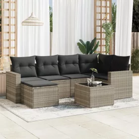    7 részes világosszürke polyrattan kerti ülőgarnitúra párnákkal