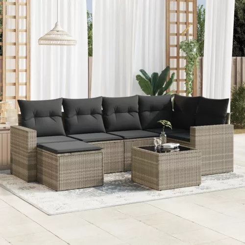  7 részes világosszürke polyrattan kerti ülőgarnitúra párnákkal