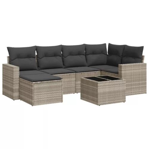  7 részes világosszürke polyrattan kerti ülőgarnitúra párnákkal
