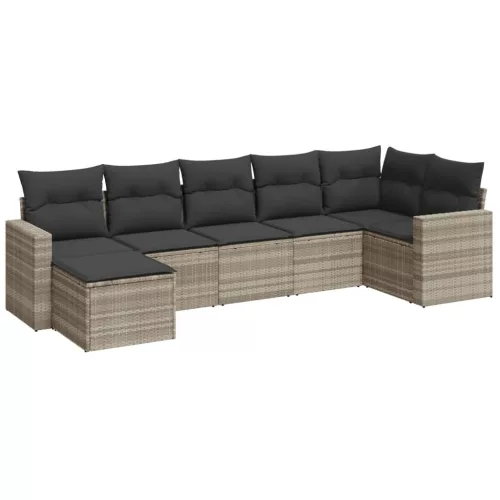  7 részes világosszürke polyrattan kerti ülőgarnitúra párnákkal