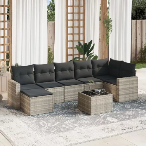  8 részes világosszürke polyrattan kerti ülőgarnitúra párnával