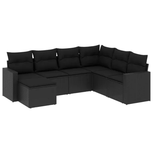  7 részes fekete polyrattan kerti ülőgarnitúra párnával