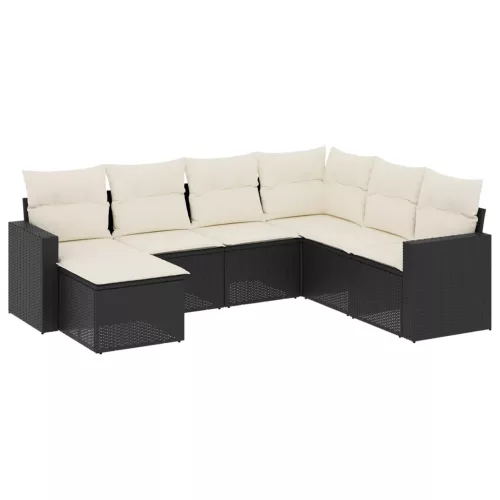  7 részes fekete polyrattan kerti ülőgarnitúra párnával