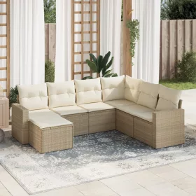    7 részes bézs polyrattan kerti ülőgarnitúra párnákkal