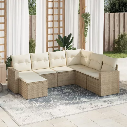  7 részes bézs polyrattan kerti ülőgarnitúra párnákkal