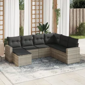    7 részes világosszürke polyrattan kerti ülőgarnitúra párnákkal