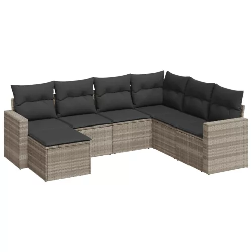  7 részes világosszürke polyrattan kerti ülőgarnitúra párnákkal