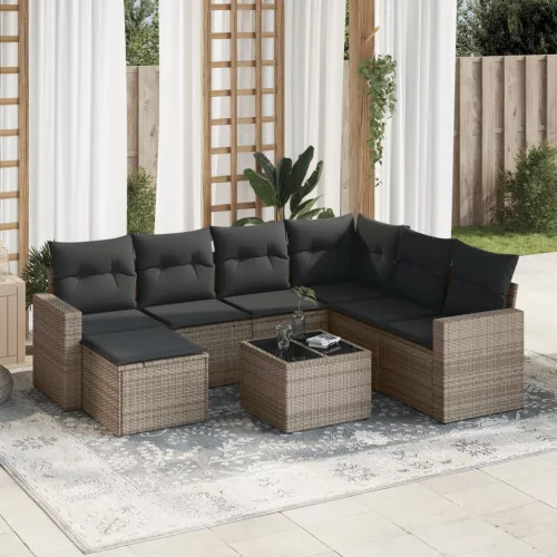  8 részes szürke polyrattan kerti ülőgarnitúra párnákkal