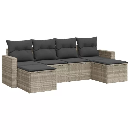  6 részes világosszürke polyrattan kerti ülőgarnitúra párnákkal